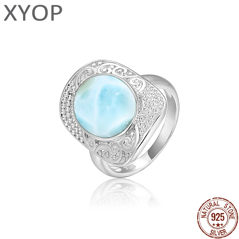 

XYOP 925 Sterling Silver Square Women Ring Blue Precious Larimar Ring Retro Design Style Pure Natural Gem