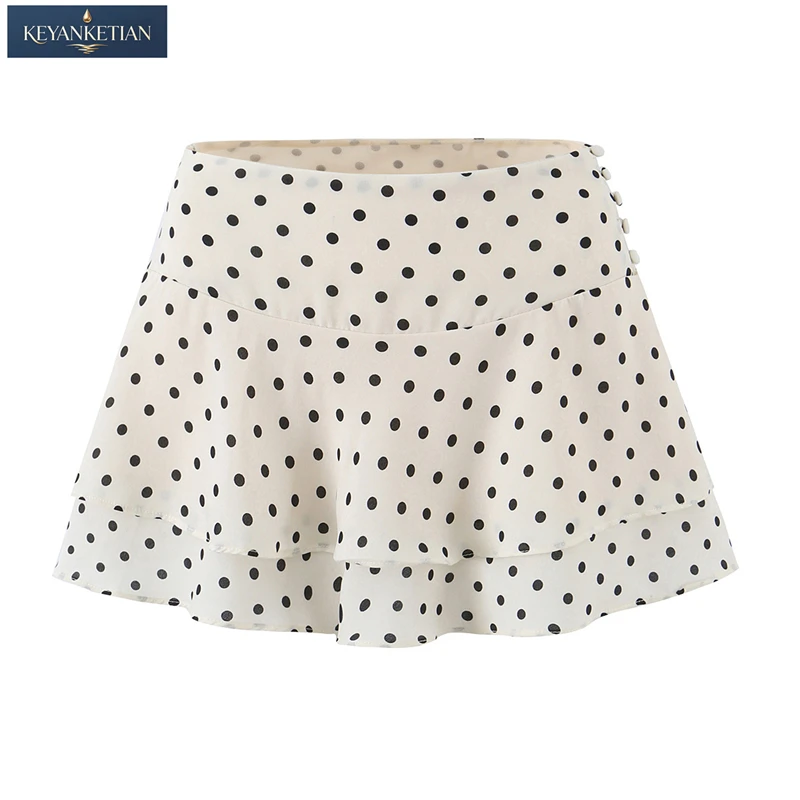 KEYANKETIAN 2026 American Retro Polka Dot Mini Skirt High Waist Double Ruffle Side Button Slim Summer Vacation Layered Skort