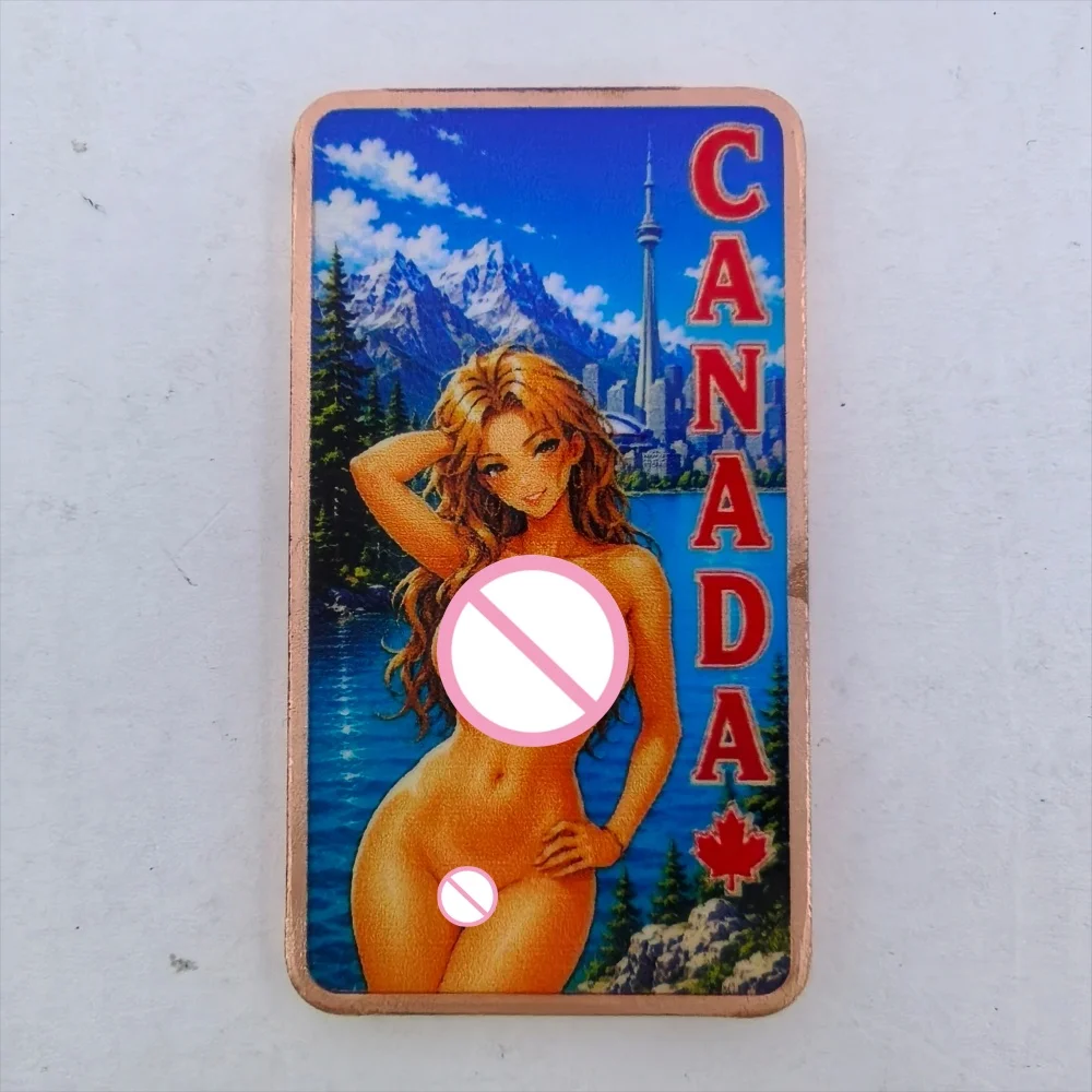 1oz .999 Fine Copper Bar Canada Maple Leaf Bikini Girl Anime Toronto CN Tower Mountain Lake Colorized Art Collectible Gift