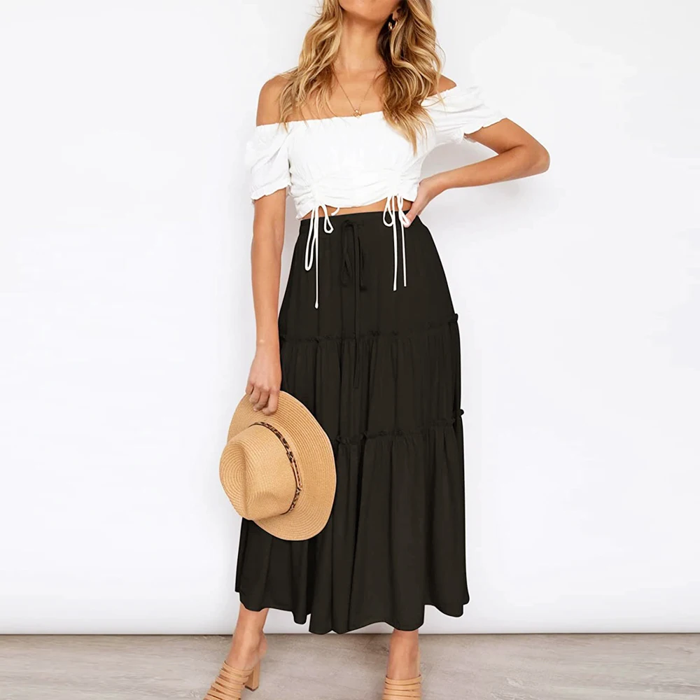 Boho Solid Skirt Women Casual Beach Long Skirt  Maxi Skirts Elastic Waist Vacation Faldas Saia Drop Shipping