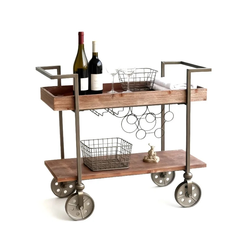 Retro Solid Wood Wrought Iron Double-layer Rack Storage Car with Wheels Mobile Tea Rack Kitchen Dining Car
