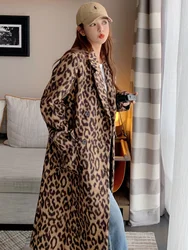 Women's Woolen Leopard Coats Loose Casual Double Breasted Retro Double-sided Jacket Office Lady Outerwear Autumn Winter 2024