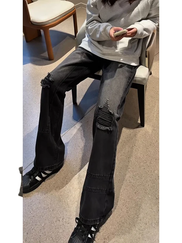 

Мужские джинсы в американском уличном стиле, весенняя коллекция, прямые, рваные, из денима, слегка расклешенные, рабочие, со средней посадкой, на молнии