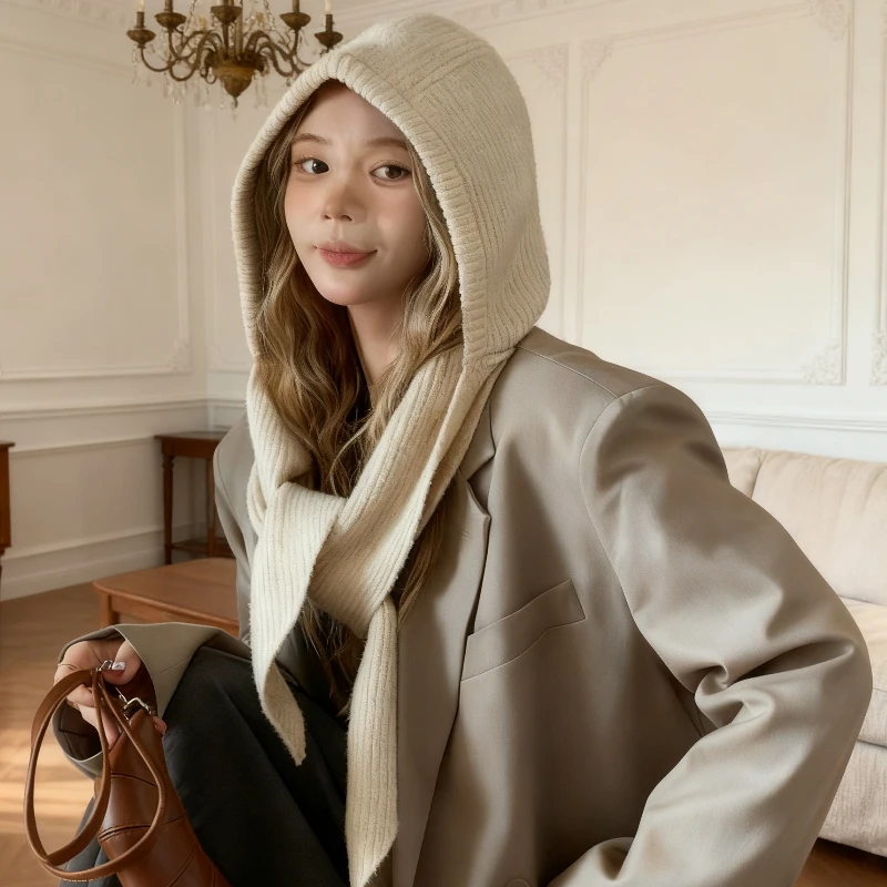 قبعة نسائية شتوية محبوكة من الصوف متعدد الألوان - وشاح بغطاء للرأس متكامل، عصرية دافئة للتزلج والرياضات الخارجية