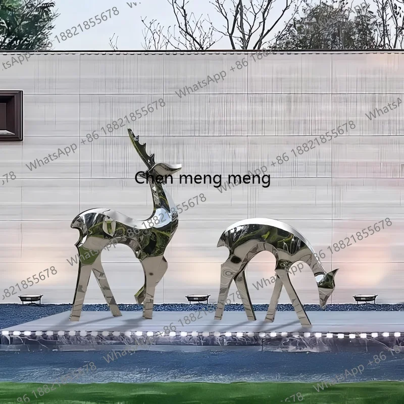 

Stainless steel geometric mirror deer sculpture Sales office garden lawn decoration villa courtyard large floor ornaments