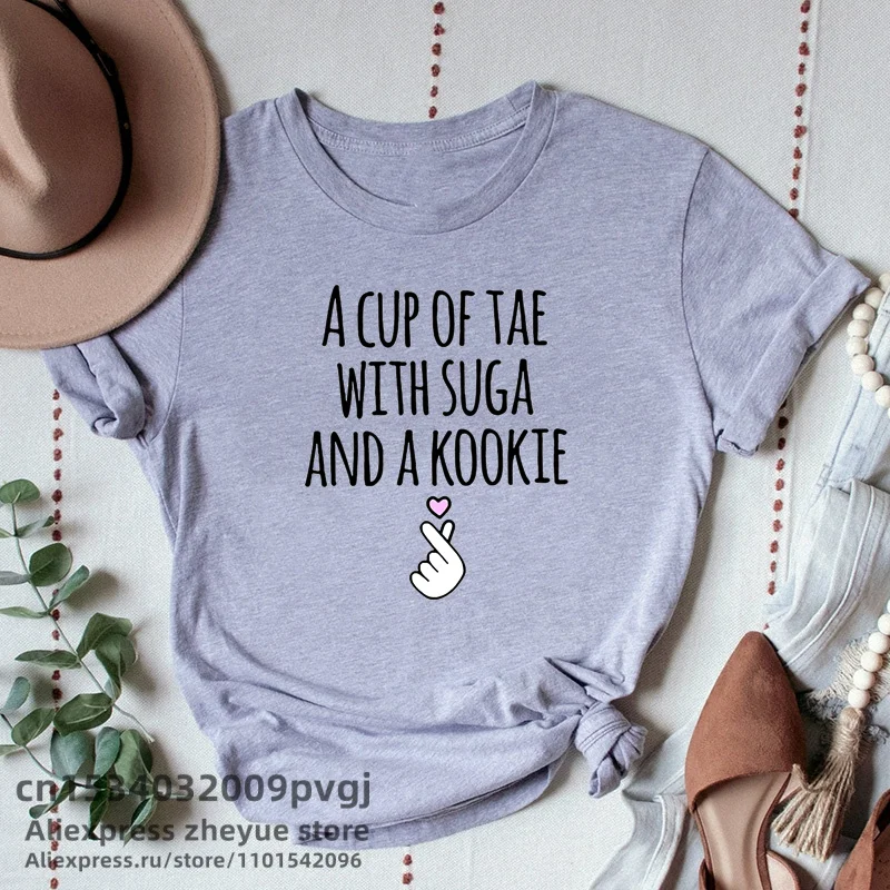 A Cup of Tae with Suga and A Kookie Printed T-Shirt Women Korean Kdrama Idol Fashion Kpop Merch V Jhope Suga RM Jungkook Tee