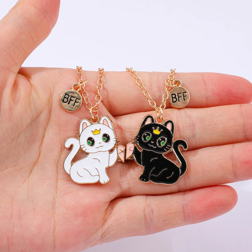 2 buah kalung mainan kucing kartun kawaii untuk sahabat terbaik, aksesoris persahabatan modis untuk anak perempuan, hadiah