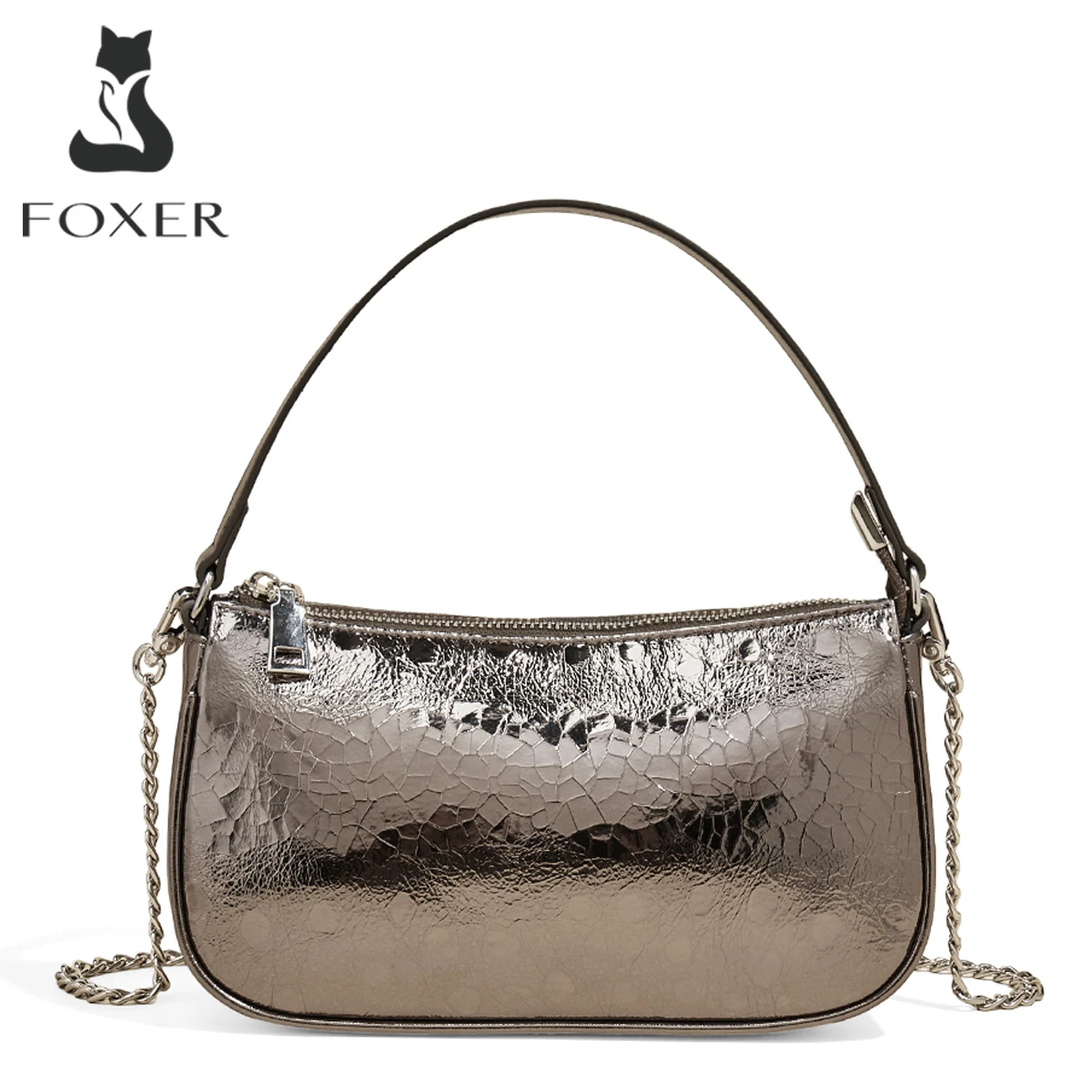 FOXER High Quality Small Silver Handbag Girl's Stylish Female Phone Bag Lady Casual Zipper Split Leather Shoulder Crossbody Bags