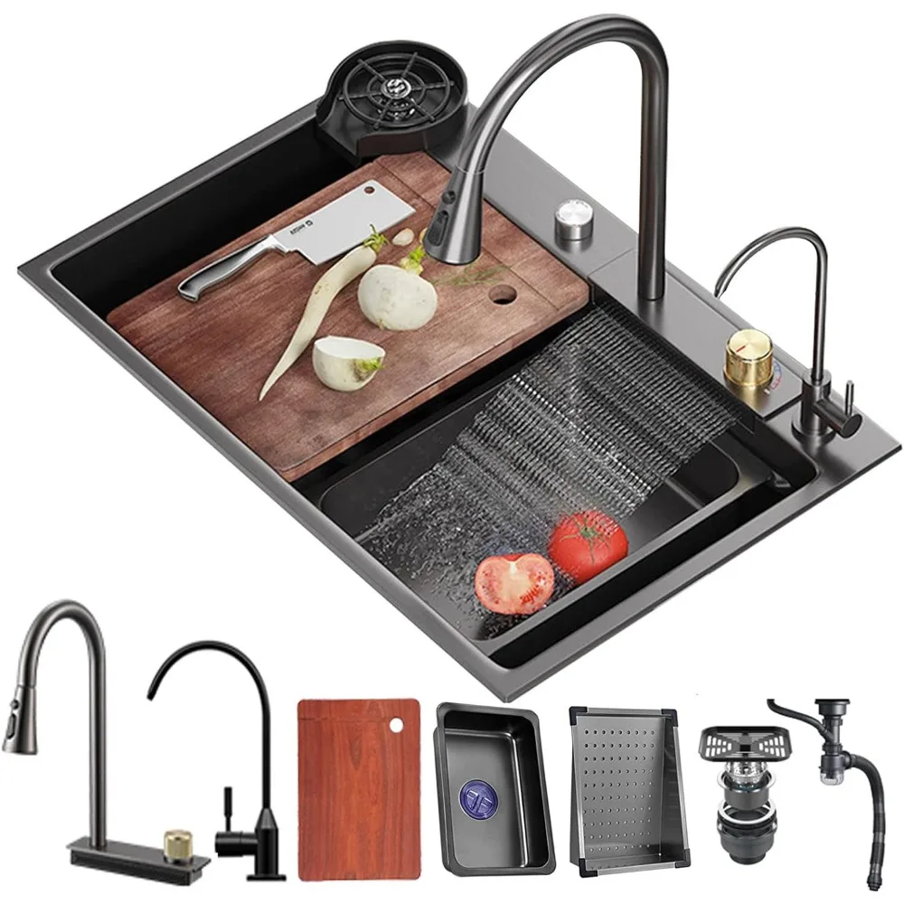 for Kitchen Sink Feiyu Waterfall Stainless Steel Countertop Style Washhand Stand With Pull-out Faucet Home and Kitchen Sinks Tub