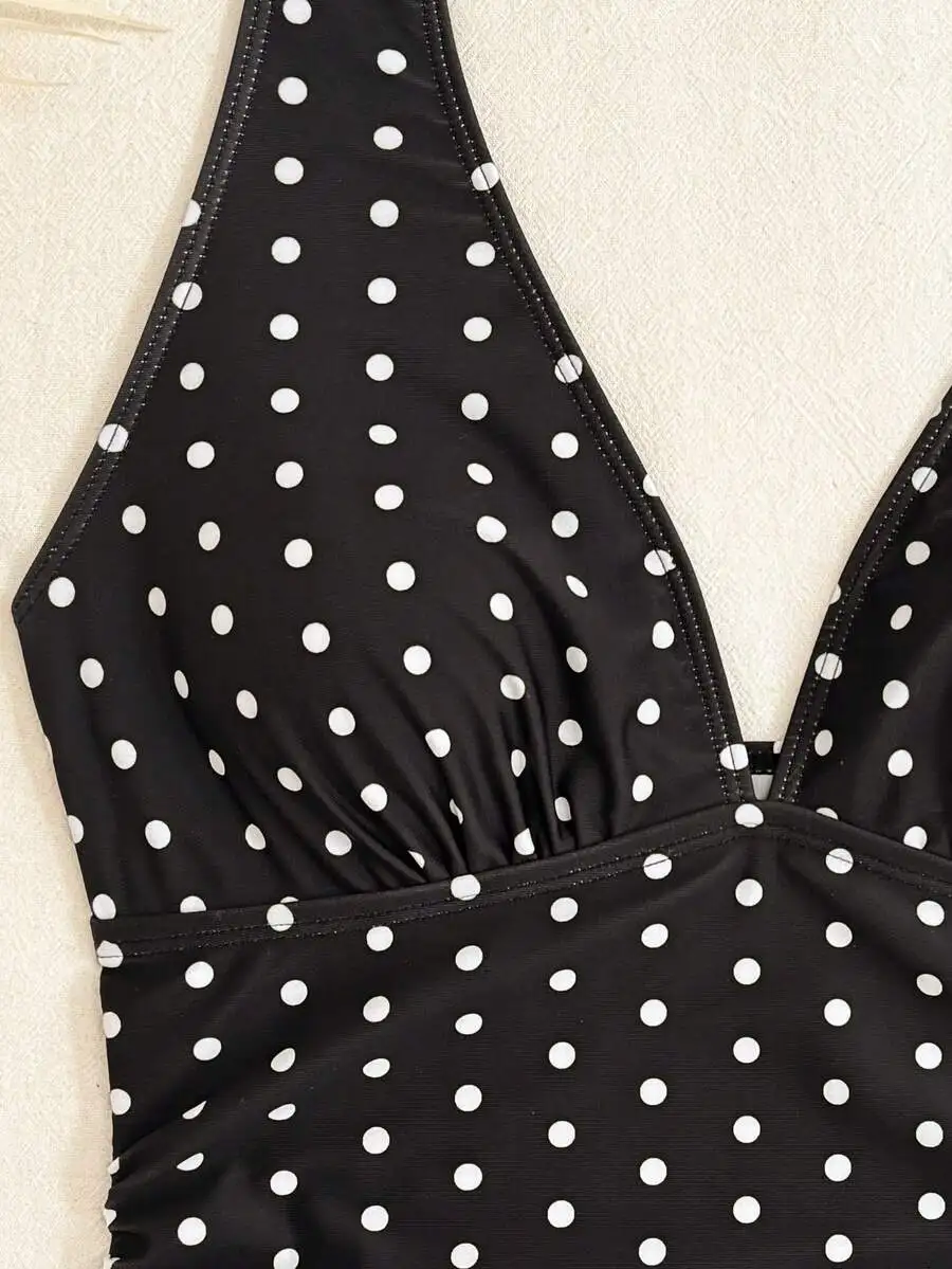 

Black And White Polka Dot Halter Swim Dress For Women Sleeveless Tiered With Ruched Detail