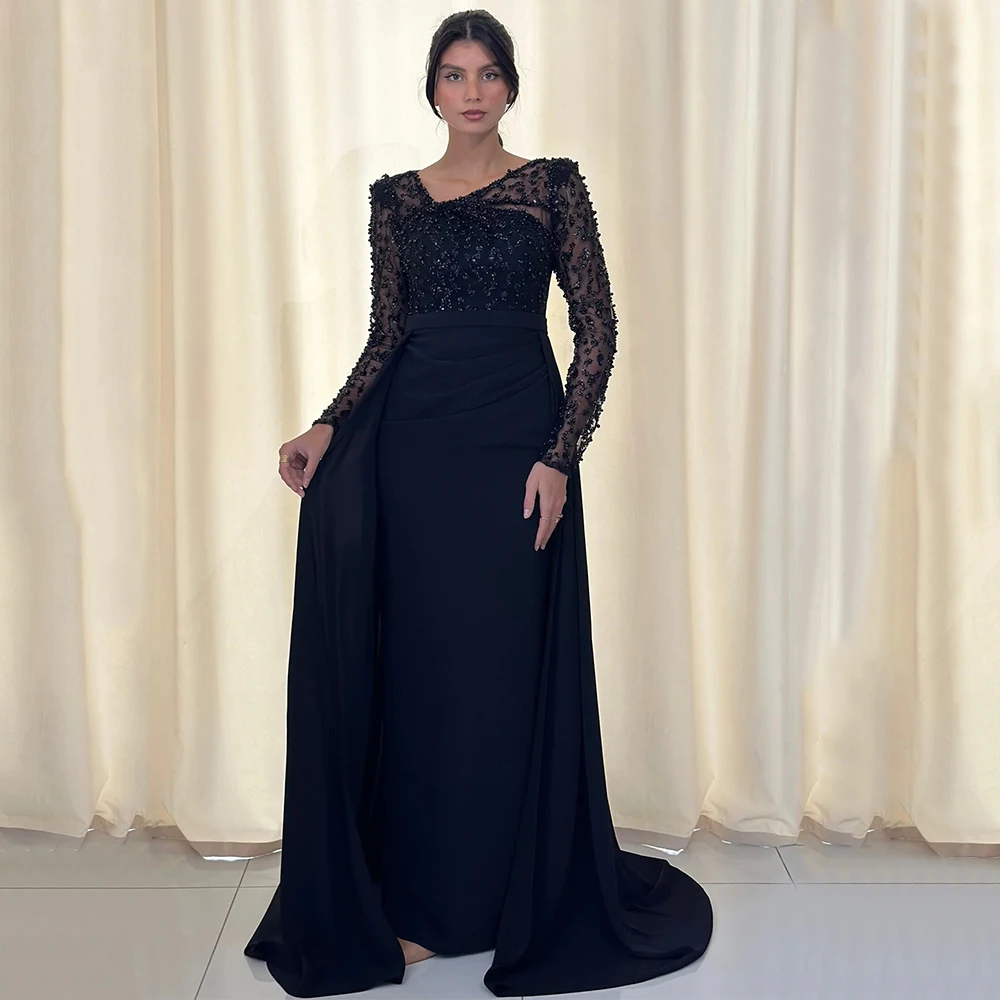 Lindo vestido de noite com miçangas, um ombro, personalizado, pregas sauditas, tensão lateral, mangas compridas, camisa, vestidos de baile, robes de soirée