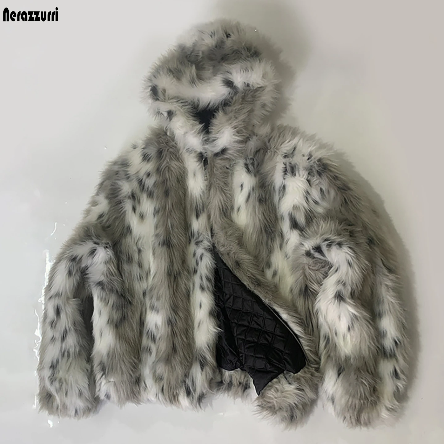Nerazzurri Winter Short Colorful Leopard Print Thick Quilted Warm Hairy Faux Fur Coat Men with Hood Zipper Fluffy Jacket 2026