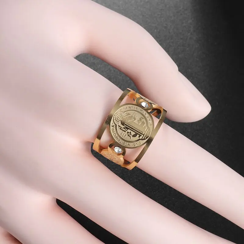 خاتم طارد الأرواح الشريرة الكاثوليكية من الفولاذ المقاوم للصدأ للرجال والنساء ، حجم قابل للتعديل ، مجوهرات الصلاة الدينية ، القديس بنديكت ، مسيحي #5