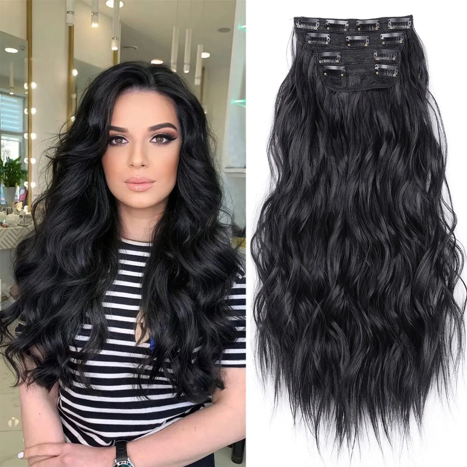 Body Wave Clip in Hair Extensions Synthetic Hair Clip in Hair Extensions #1B Full Head 4Pcs With 180Gram Clip In Hair Extensions