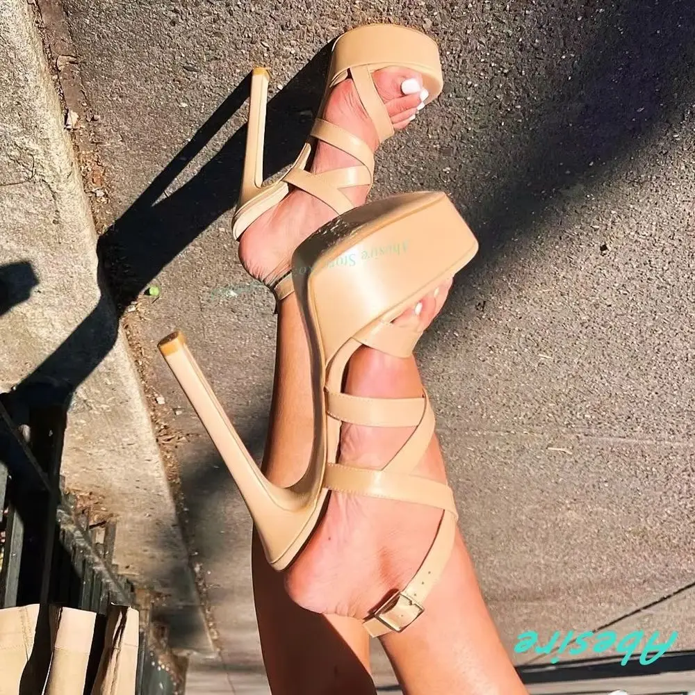 

Cross-Tied Platform Sandals Hollow Out Round Toe Thin Heels Ankle-Buckle Shoes for Women Spicy Girls Summer Party Shoes