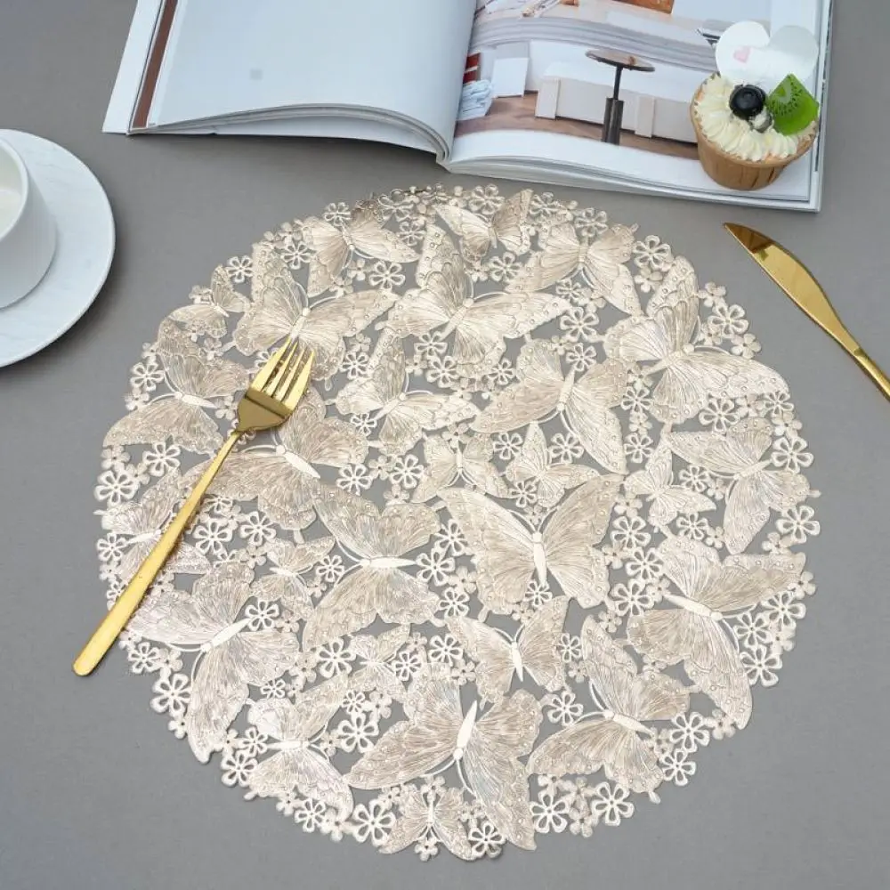 Exquisite Nordic Butterfly Lace Placemat Round PVC Table Mat Heat Insulation Oilproof Dining Room Desk Decor Pad