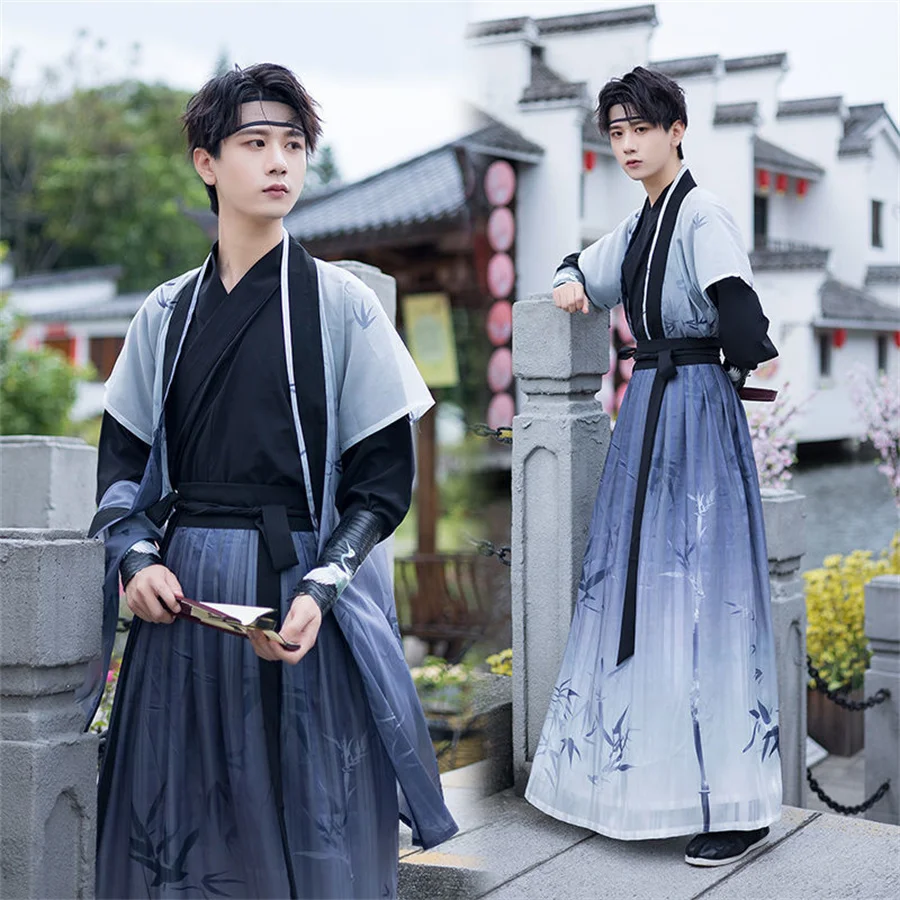 

Древний китайский Hanfu, мужской карнавальный костюм для косплея, вышитый Hanfu, градиентный синий комплект, наряд для мужчин и женщин, большие размеры 4XL