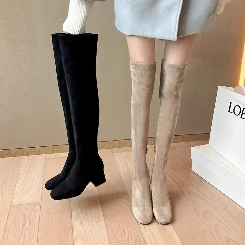 Botas largas elásticas de gamuza sintética para mujer, Botas por encima de la rodilla, zapatos de plataforma negros informales para mujer, tacones altos de otoño, botas para mujer