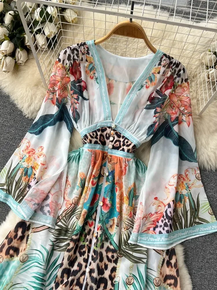 

Popular Bohemian Flower Leopard Print Chiffon Dress Women's Sexy Deep V Neck Long Flare Sleeve Elastic Waist Beach Vestidos