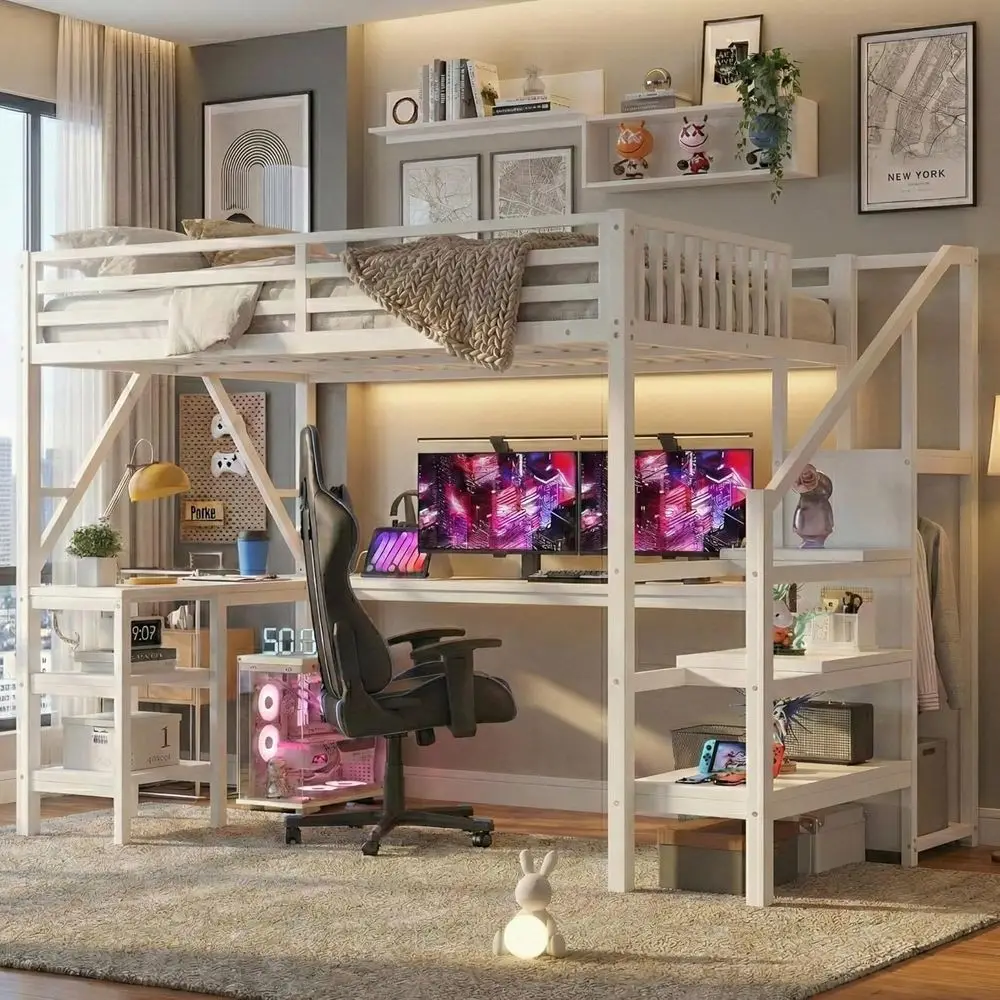 

White Metal Loft Bed with Wardrobe, LED Light, L-Shaped Desk, USB Charging, Storage, and Study Area for Kids, Teens, and Adults