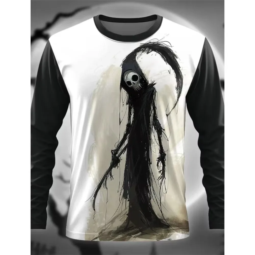 Halloween Grim Reaper Cat Skull 3D Print Autumn Men's Round-neck Long-sleeved T-shirt  Outdoor Casual Party Loose Breathable Top