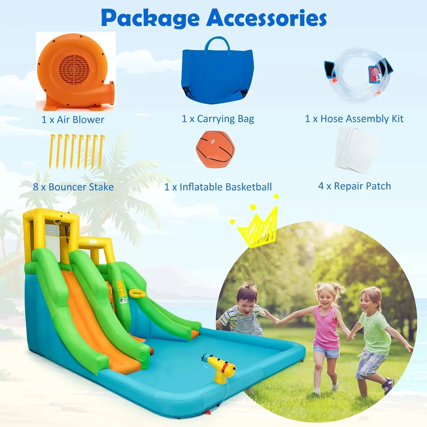 Opblaasbare Waterglijbaan Met 550W Blower, 6 In 1 Uitsmijter Waterpark W/Klimmuur & 2 Lange Glijbanen, Plons Zwembad, Waterkanonnen