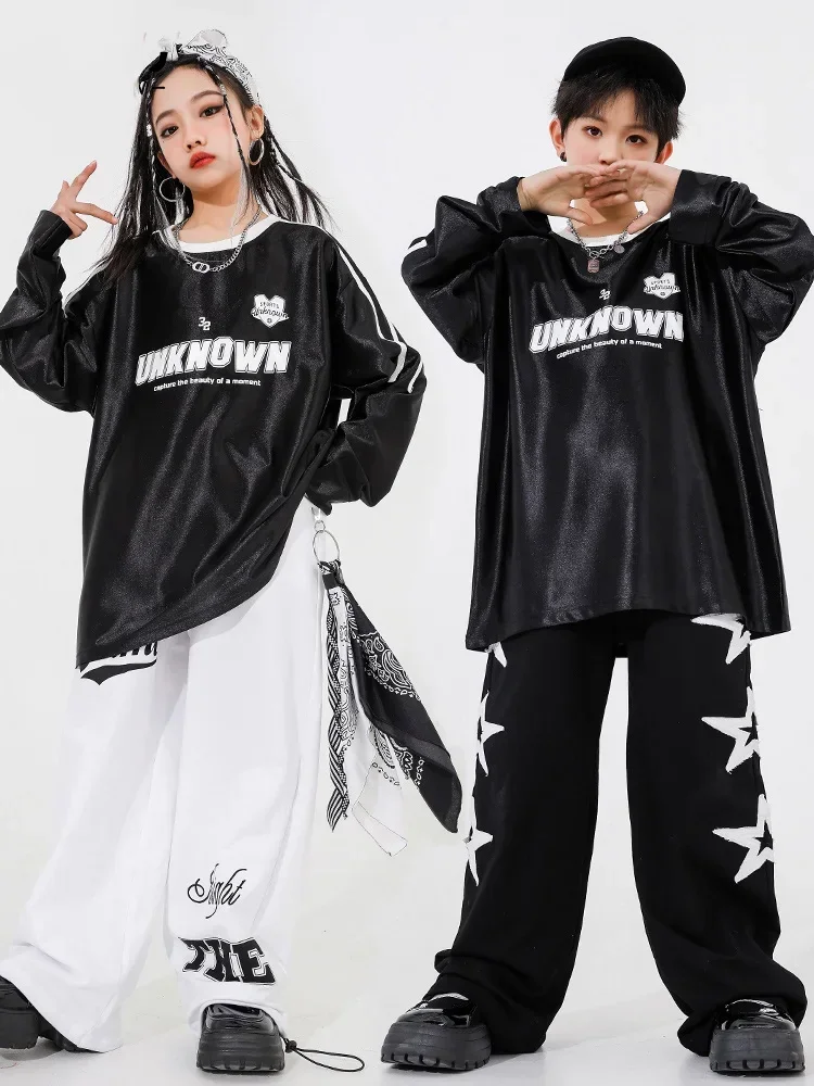 Long Sleeves T Shirt Pants Boys Girls Jazz Practice Performance Wear Teenagers Kids Hip Hop Dance Clothes Loose Suit