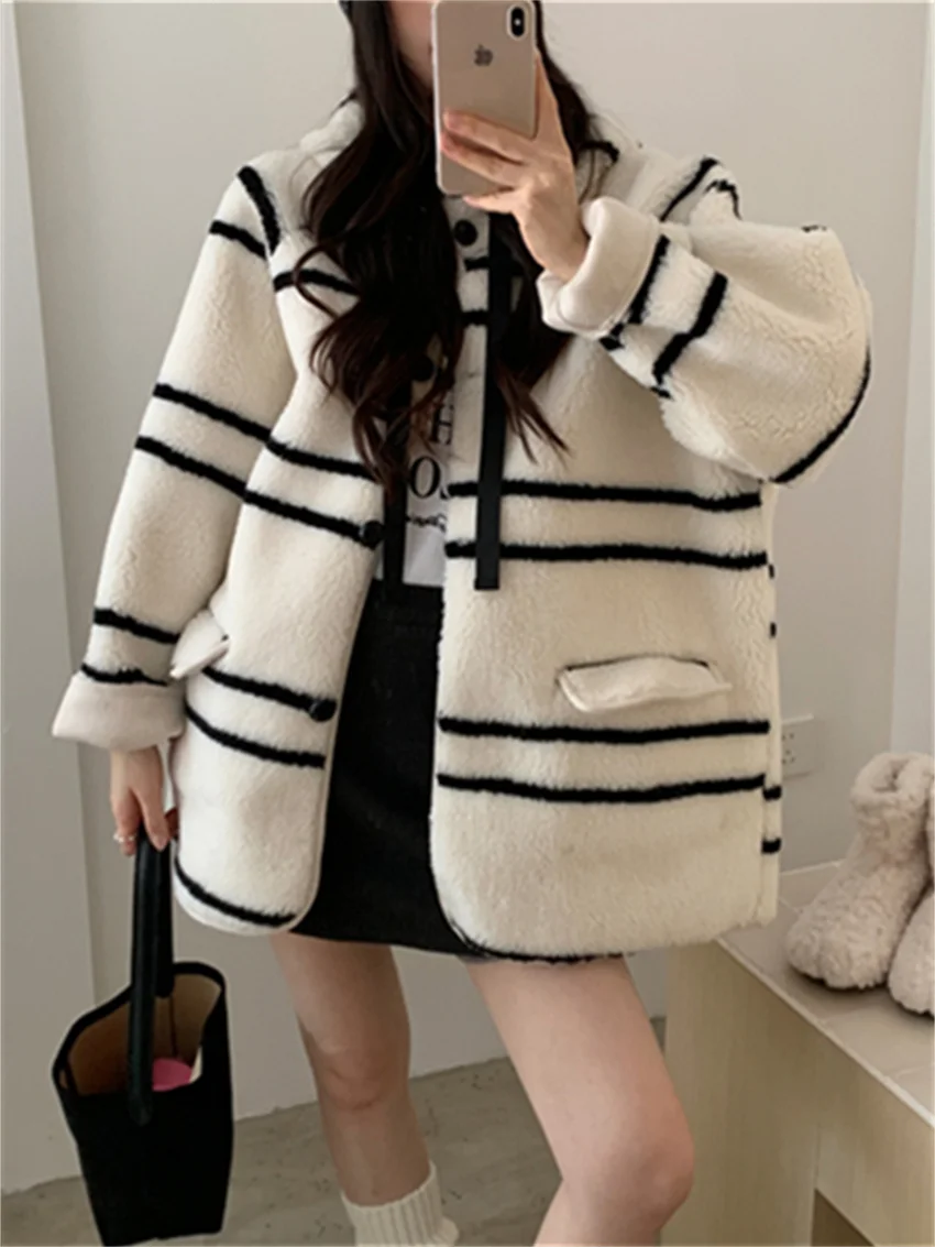 PLAMTEE Hooded Warm Winter Coats Thicken Daily Vintage Soft Streetwear New 2025 OL Loose Chic Stripes Casual Office Lady Slim