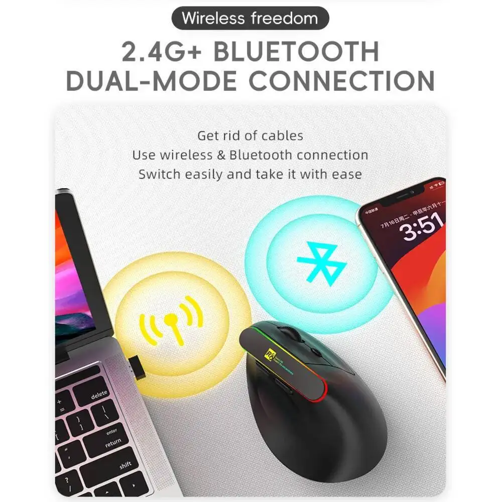 Nuovo mouse da gioco verticale luminoso ergonomico wireless 2.4G + Bluetooth ricaricabile dual-mode Mouse MX muto ottico sano per ufficio