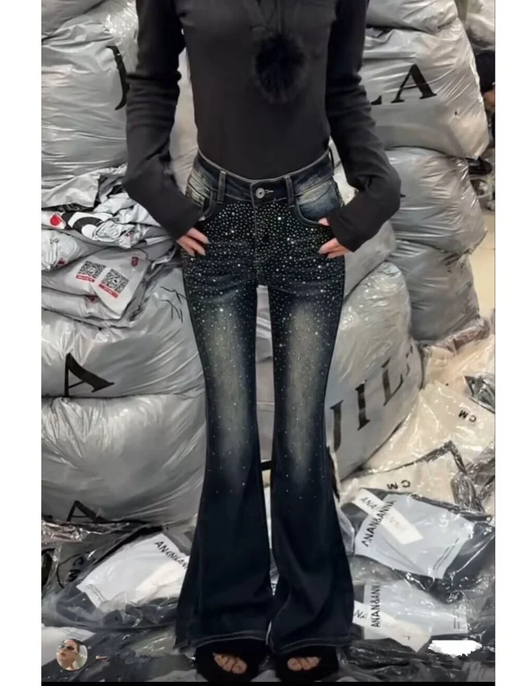 

Retro Distred High Street Design Diamond Splicing Bell Bot Jeans Women Slim Fit Floor Length Pants American Sle