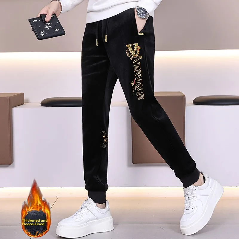 

Men's Velvet Embroidered Fce Lined Casual Pants Faionable Slim Fit Warm Versatile Winter Long Trousers Street Sle
