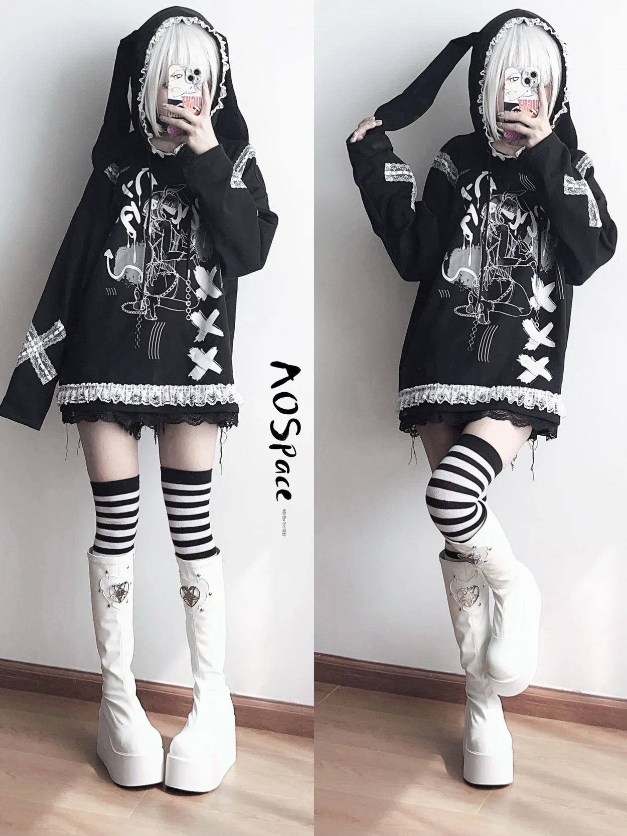 Original Sub-Culture Cartoon Printed Sweet Cool Black and White Rabbit Ear Hooded Sweatshirt Girls Y2K Pullover Hoodie Tops