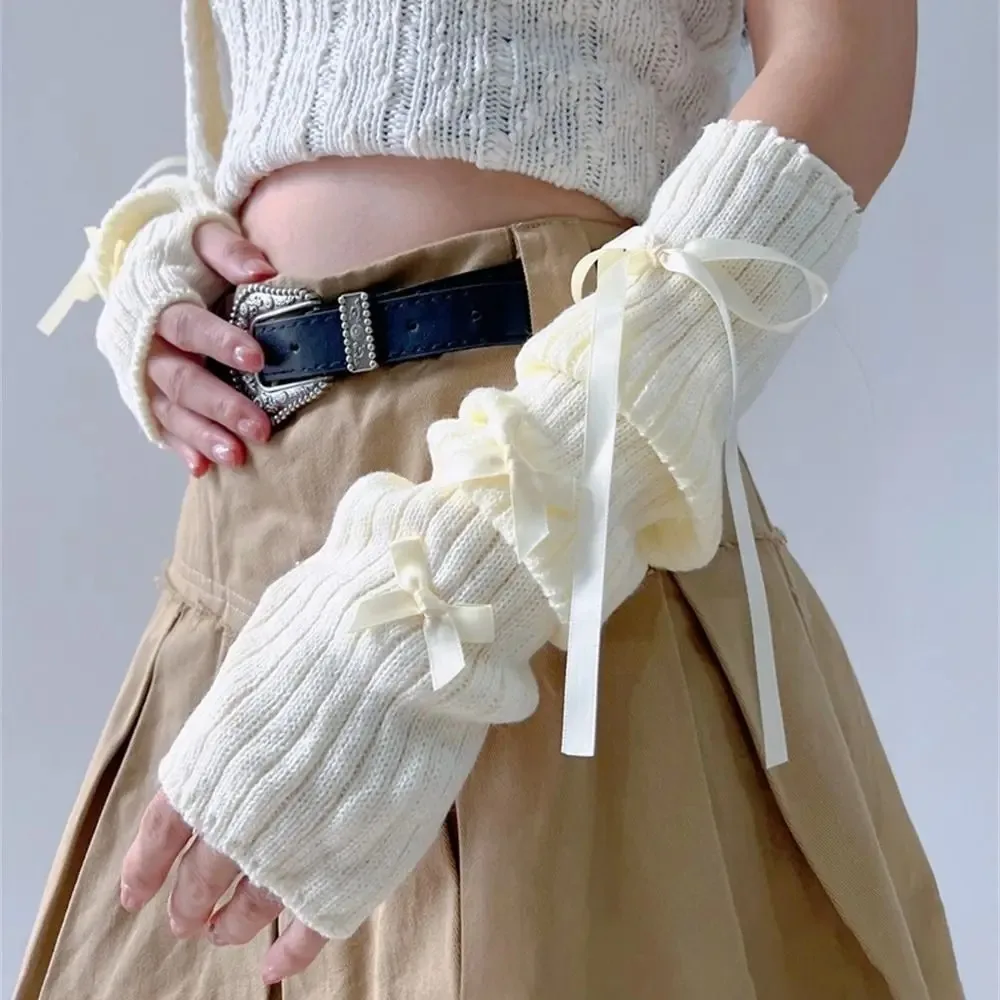 Soft Elastic Knitted Bow Arm Sleeves Ballet Style Y2K Half Finger Long Gloves Warm Korean Style Long Wrist Gloves JK