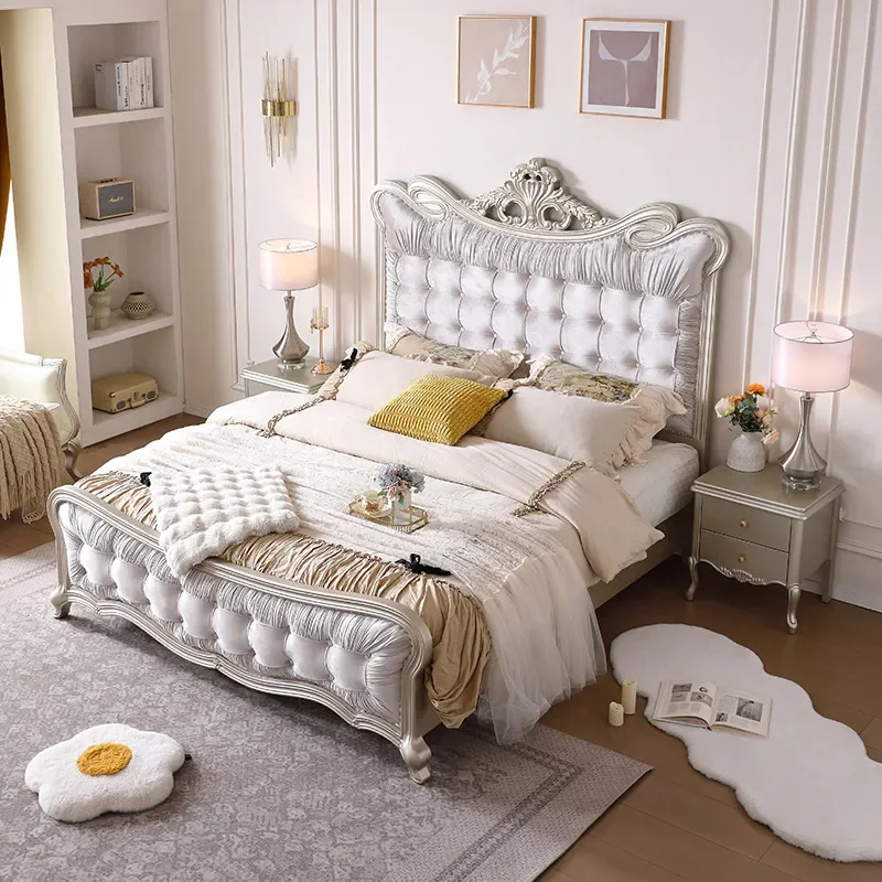 American light luxury master bedroom solid wood bed French simple high-end luxury soft leather bed high box storage princess bed