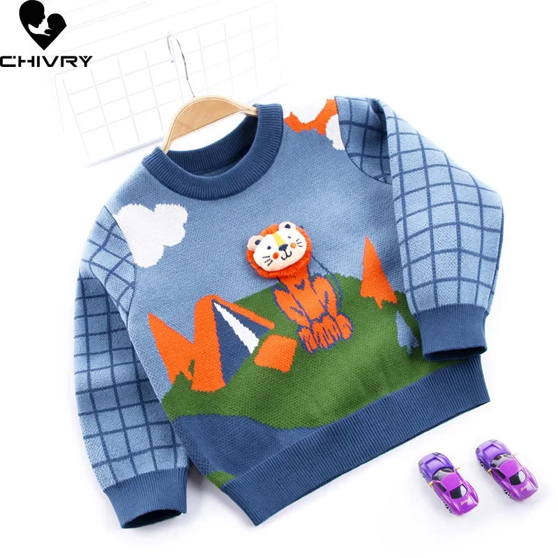 

Baby Boys Autumn Winter Pullover Sweater New 2023 Kids Cartoon Lion Jacquard Round Neck Plaid Long Sleeve Knitted Sweaters Tops