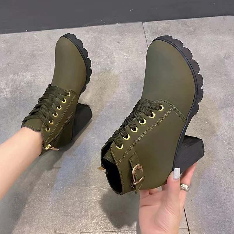 Pumps Boots Thick Heel Women\'s Shoes 2024 New Spring Heels Boots Side Zip Pu Leather Ladies Shoe Cross Straps Ladies Short Boots