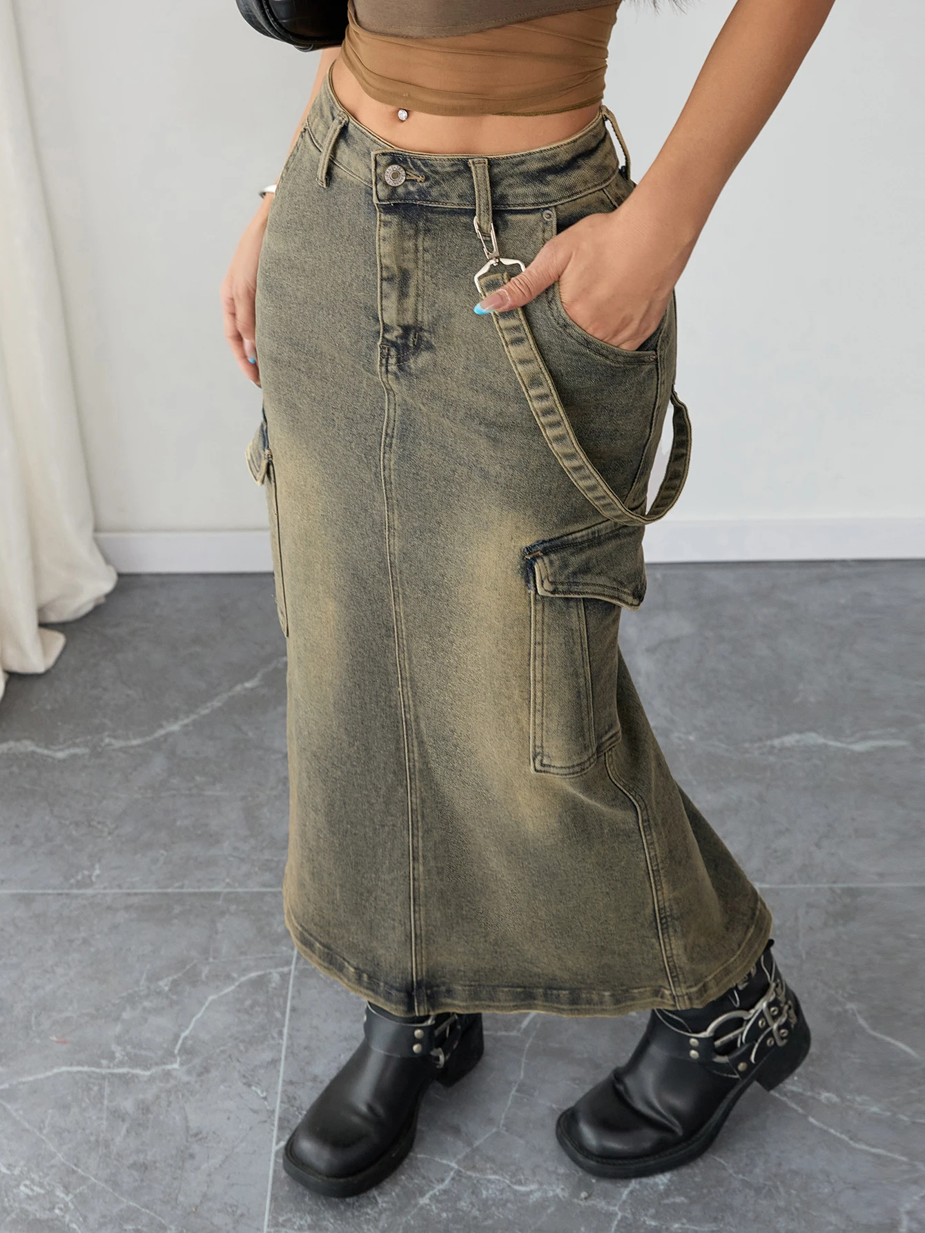 Gonna lunga in denim cargo vintage a vita alta Pantaloni jeans streetwear per donna Moda Y2K Abbigliamento multiuso