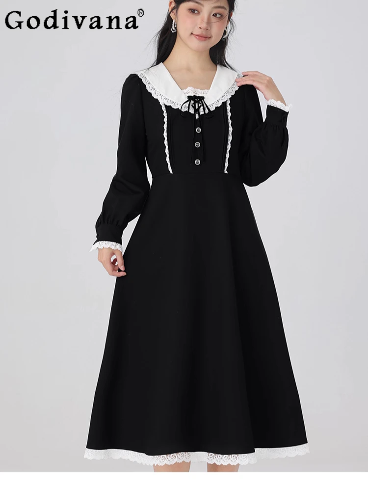 

2025 New Autumn Sweet Peter Pan Collar A-line Dress Fashion Women's Lace Long Sleeve High Waist Versatile Japanese Black Dresses