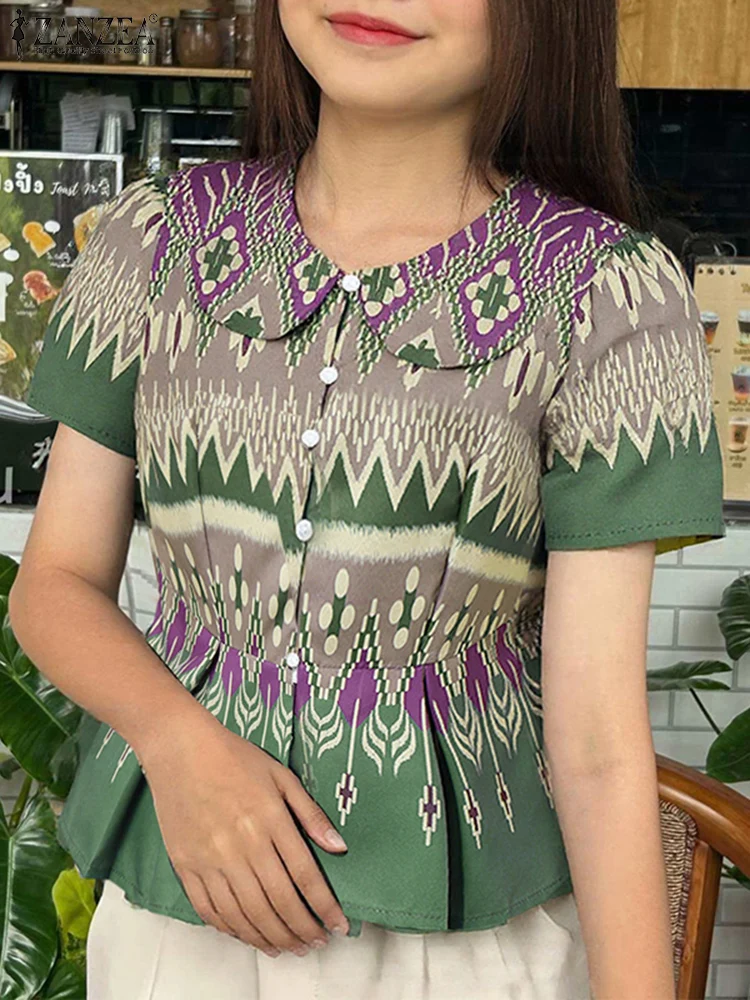 2025 ZANZEA Women Printed Shirts Vintage Turn-Down Collar Tops Fashion Casual Short Sleeve Tunic Fashion Printed Blusas