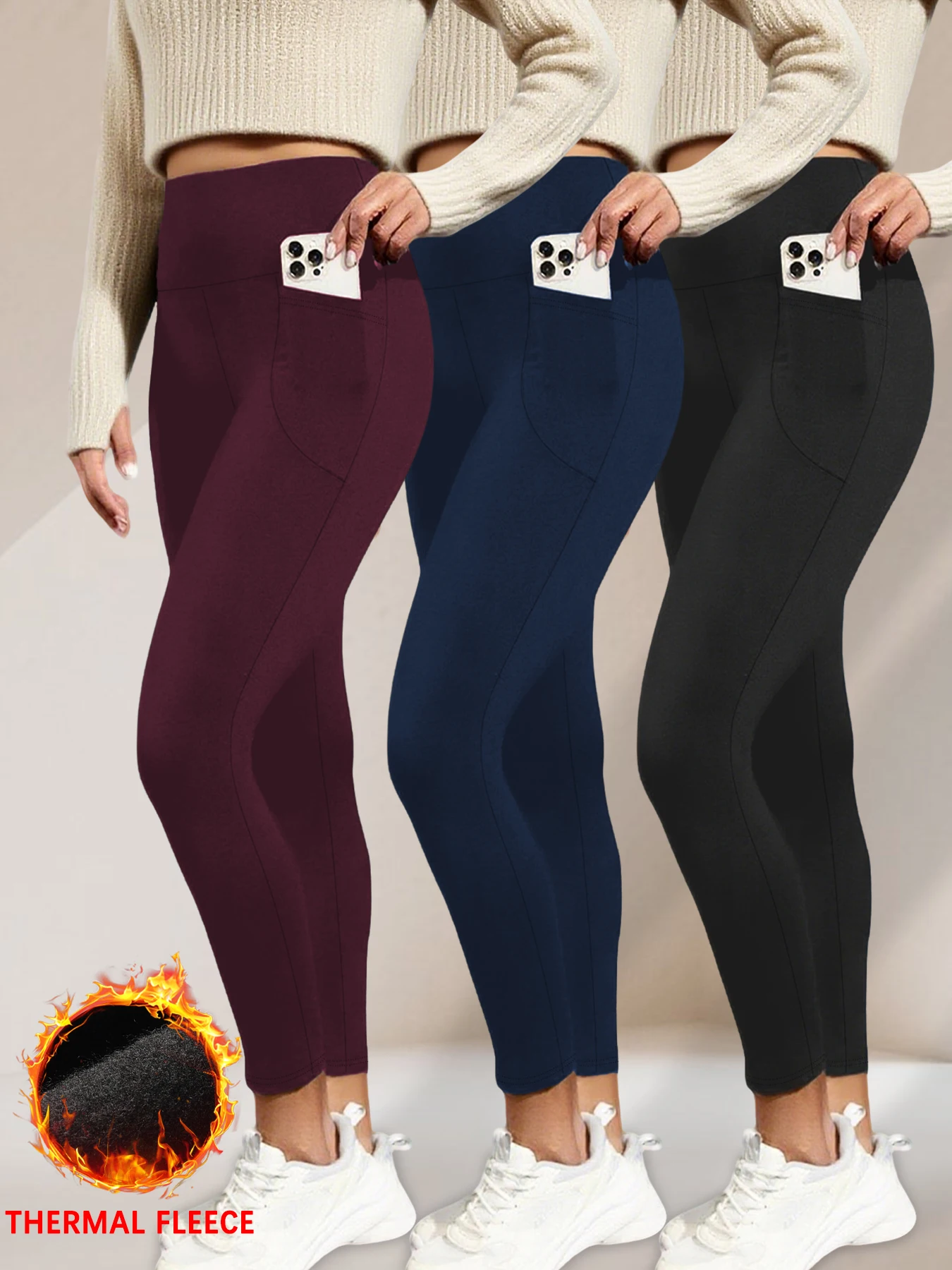 

3 Pack Womens Thermal Fleece Lined High Waisted with pockets Leggings, Workout Winter Warm Thick Tights Soft Yoga Running Pants