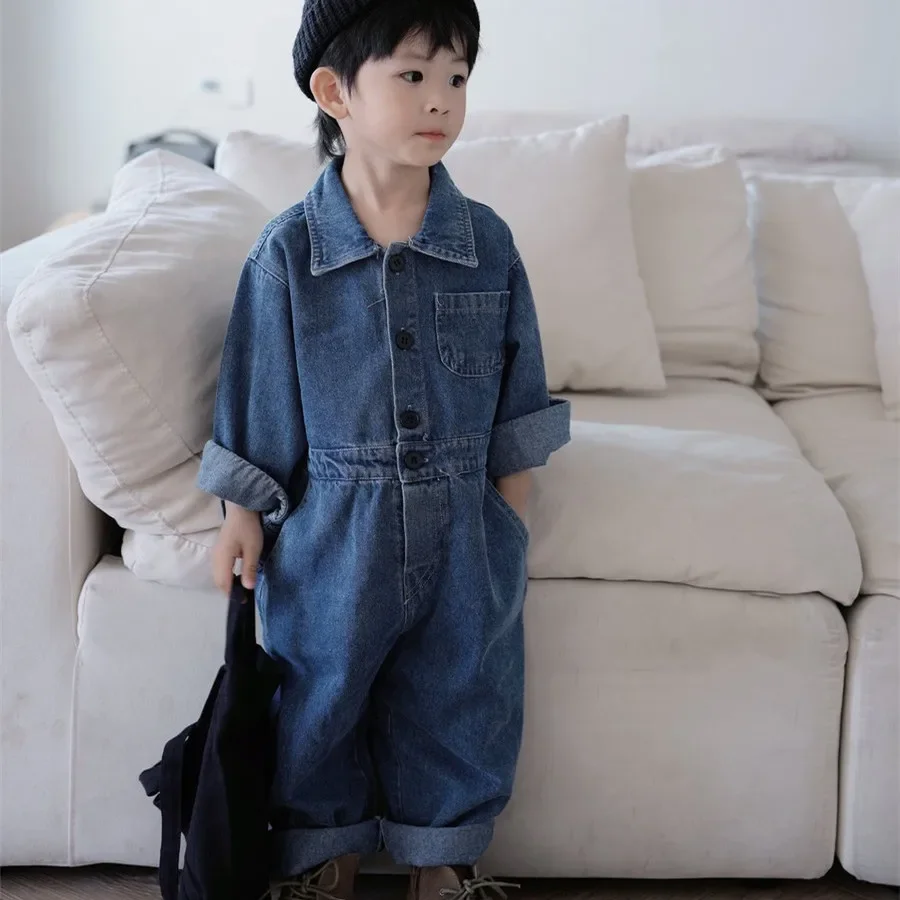 2024 Autumn Kids Baby Denim Romper Fashion Turn-Down Collar Long Sleeve Jumpsuit Boy Clothes Toddler Girls One-piece Onesie