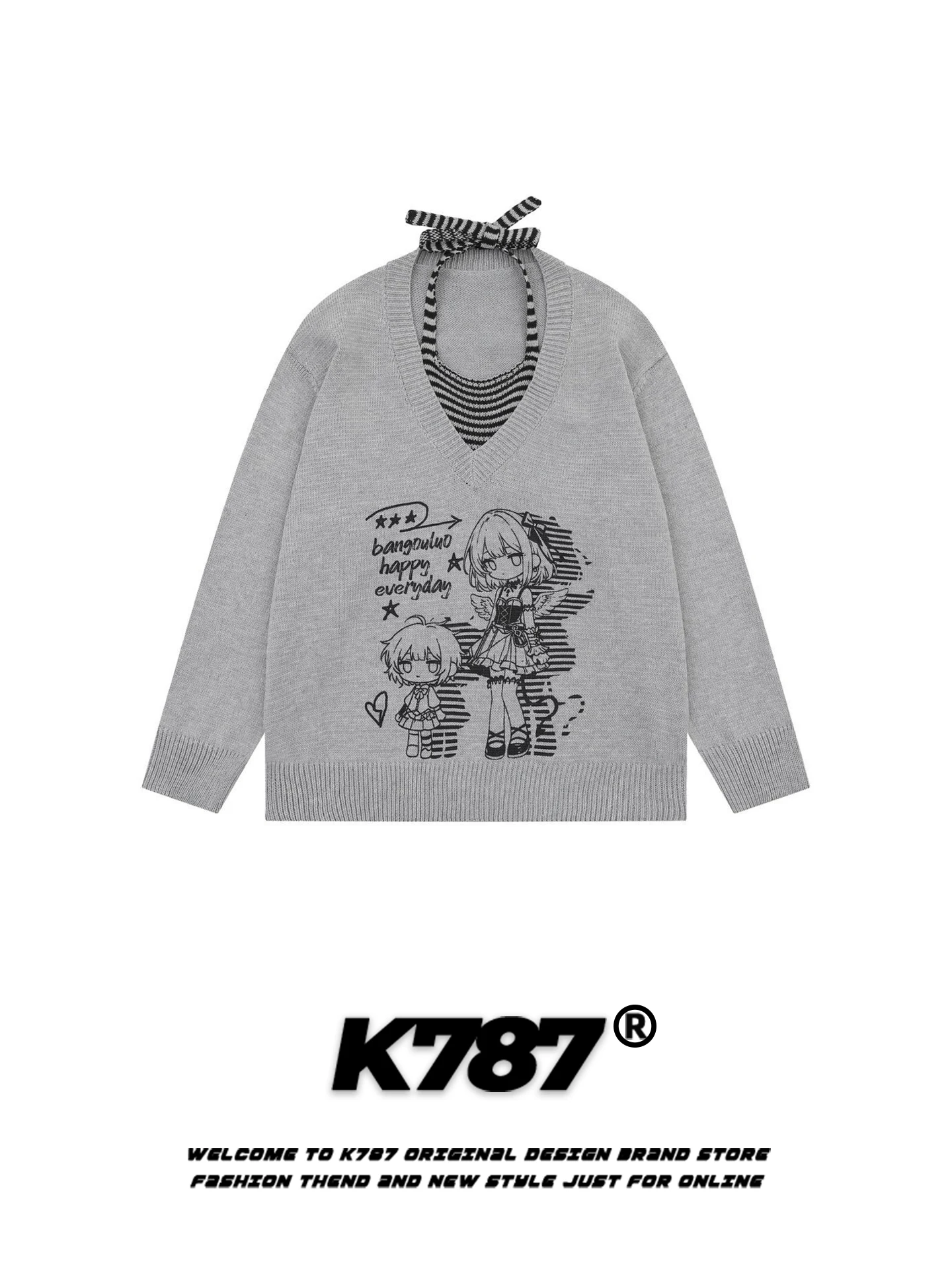 

Вязаный свитер K787 в стиле субкультуры с мультяшным принтом для девушек, имитация двухслойности, женский, антивозрастной, теплый, повседневный, облегающий, сексуальный, на бретельках