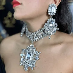Stonefans Sparkly Necklace Earrings Set for Drag Queen Party Jewelry Exaggerated Pendant Dubai Rhinestone Jewelry Set Handmade