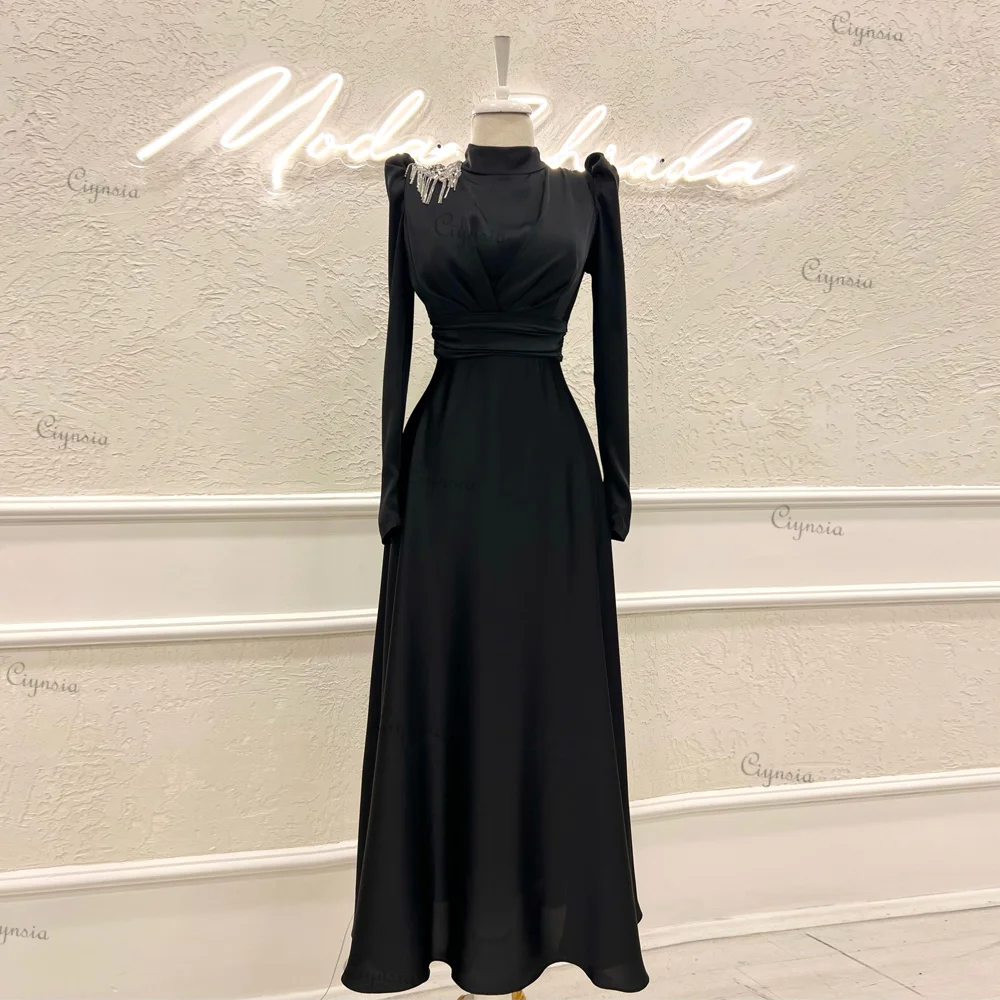 

Ciynsia Abendkleider Elegant A-Line Long Sleeve Formal Dress Abiye Elbise High Neck Satin Ankle-Length Dubai Evening Gown 2024