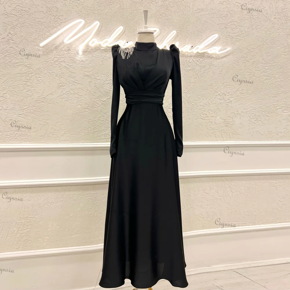 Ciynsia Abendkleider Elegant A-Line Long Sleeve Formal Dress Abiye Elbise High Neck Satin Ankle-Length Dubai Evening Gown 2024