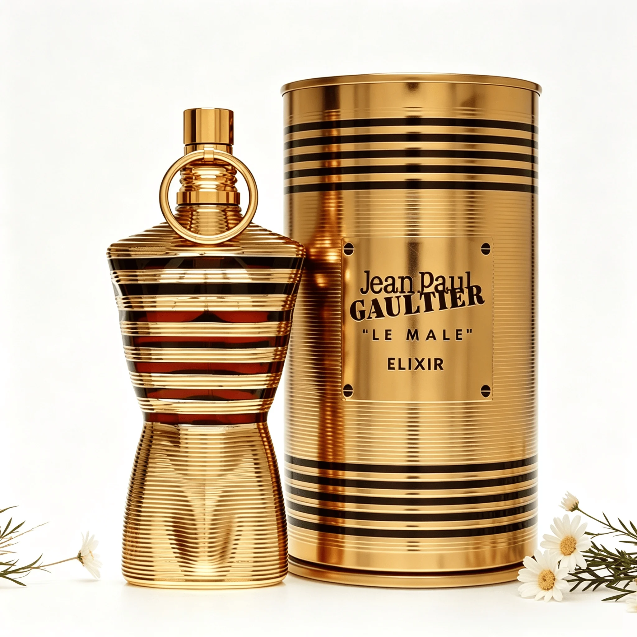 Jean Paul Gaultier Le Male Elixir Eau De Parfum für Herren, klassische goldgestreifte Flasche in Torso-Form, luxuriöse Metallverpackung, holzig-würziger, maskuliner Duft, langanhaltendes