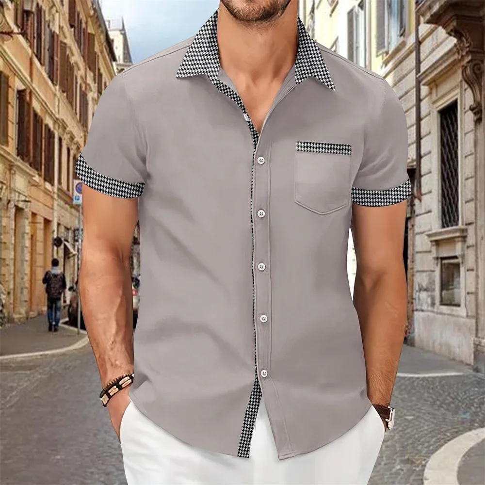 Men\'s Short Sleeve Button Shirt, Short Sleeve, Flip Collar, Casual Hawaiian, Solid Color, Comfortable, Summer, 2024