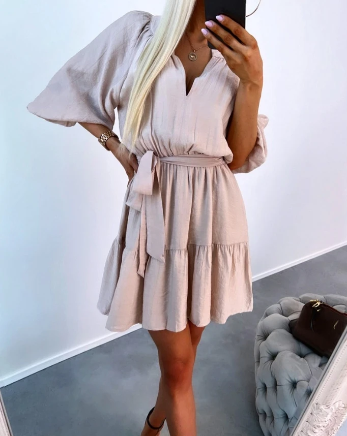 

1 Piece of Dress for Women 2024 Summer Casual Fashion Solid Color Tied Detail Three Quarters Smock Elegant Style Mini Dress