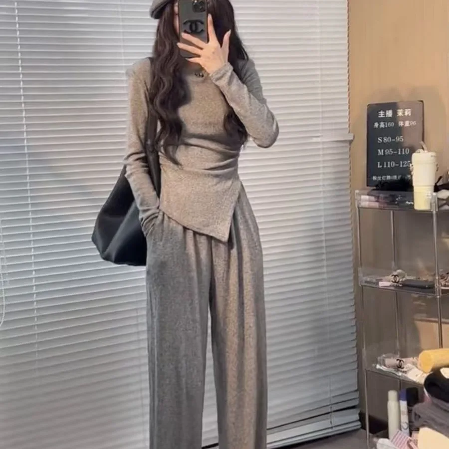 Passende Sets, weites Bein, solide Hosen-Sets in voller Länge, Trainingsanzug, Pullover, Oberteile, lange Ärmel, hohe Taille, lockere Freizeit