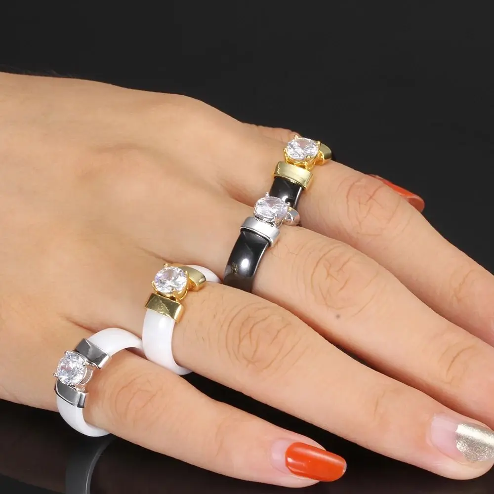 Weiß Schwarz Keramik Ringe Plus Zirkonia Für Frauen Gold Farbe Edelstahl Frauen Ehering Verlobungsschmuck 6mm – Detail 2